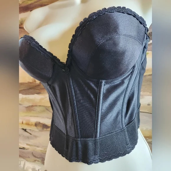 50s BUSTIER Black Strapless Busty Plunge Lace Boned Union Tag Intimate Corset EV - Picture 10 of 16